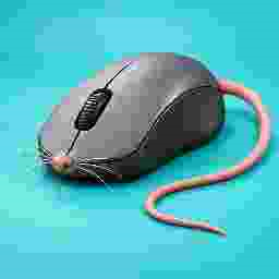Gray computer mouse with whiskers and a pink tail